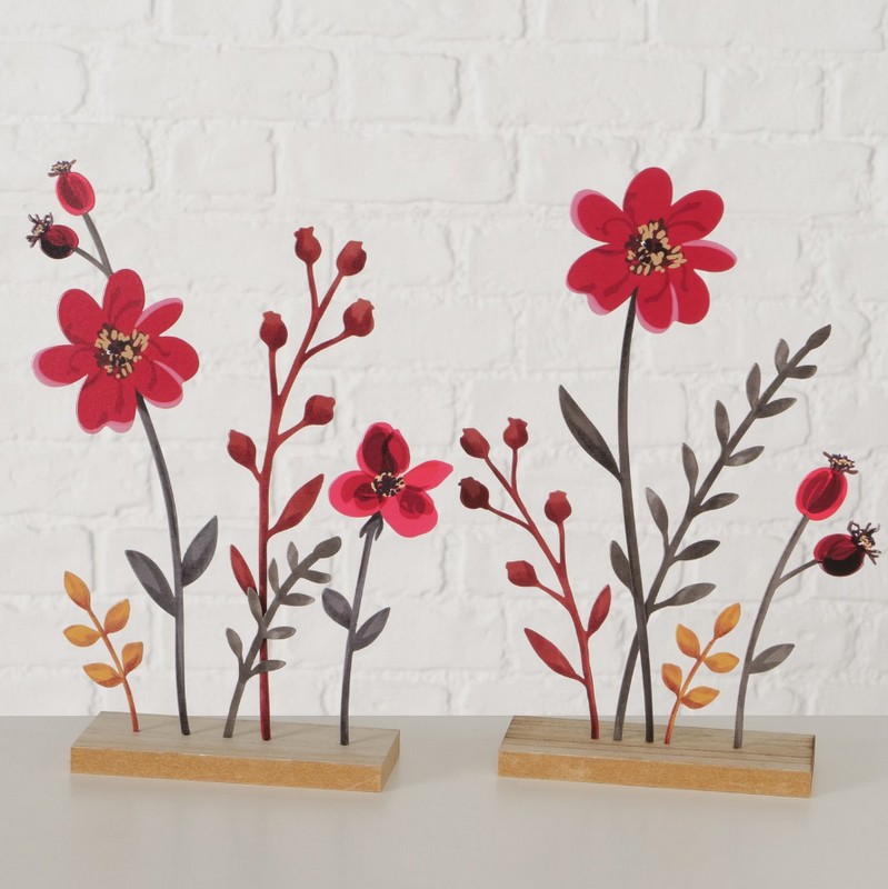 Fiori di rosa canina decorativa in metallo con base in legno in 2 varianti assortite, perfetta come decoro autunnale